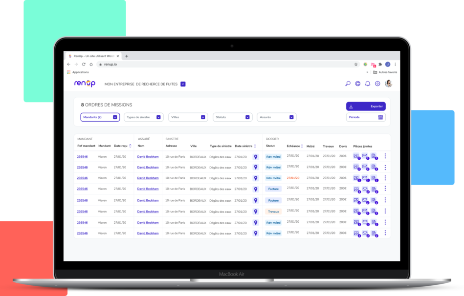 Mockup de RenUp, logiciel pour les professionnels de l'après sinistre